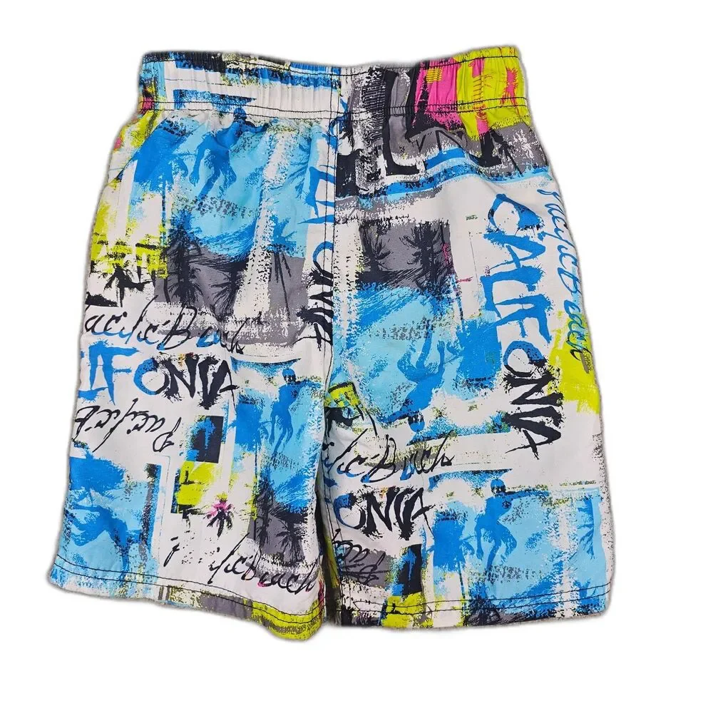 Cherokee Boys Swim Trunks 8/10 Blue Neon Graphic Board Shorts Lined Drawstring